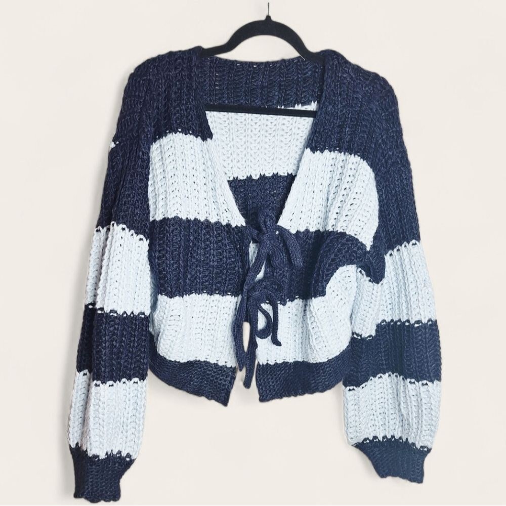 Cider Cardigan Knit V-neck Striped Tie Front Oversized School Blue XL Womens